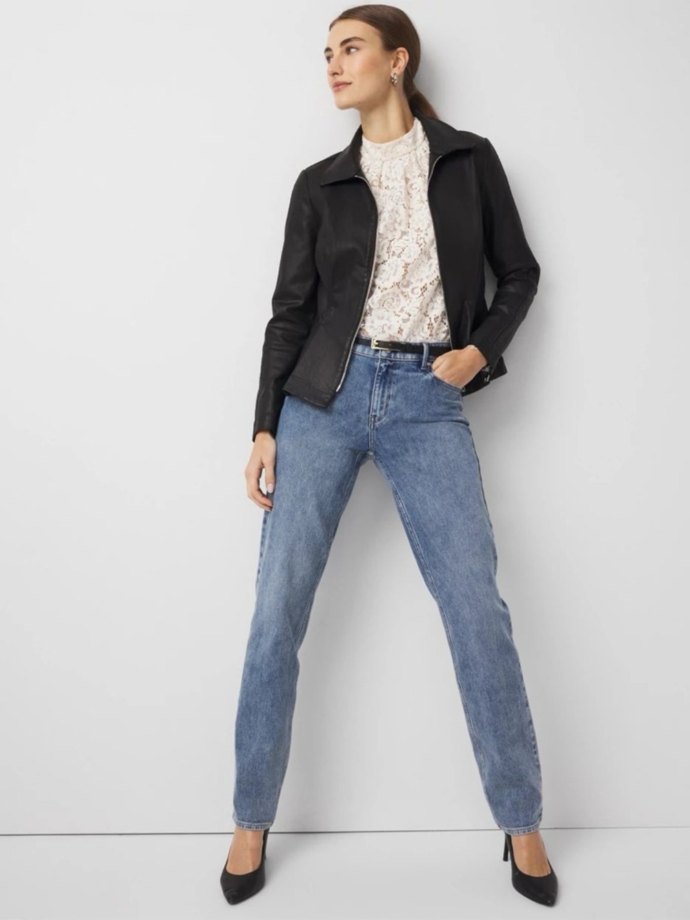 NWT- White House Black Market Peplum Coated Denim Jacket in Black Size M - Picture 2 of 10